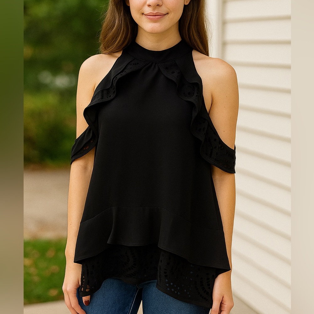 Elegant Black Ruffle Halter Top. EUC. Size Small